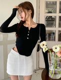 Ebbgo  -  Slim T-Shirt Woman Sexy Short O Neck Long Sleeve Knitted Tops Female Autumn Slim Hotsweet Clothes