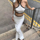 Ebbgo  -  Skirt Two Piece Set Women New Autumn White Sexy Sleeveless Halter Corset Elastic Waist Fashion Zipper Split Slim Elegant Skirt