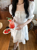 Ebbgo  Summer French Vintage Dress Women Elegant Hollow Out Mini Dress Solid Lace Puff Sleeve One Piece Dress Korean Beach Style