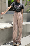 Ebbgo  -  High Waist Drawstring Overalls Straight Casual Pants Spring Vintage Wide Leg Pants Pants Skinny Pants Children