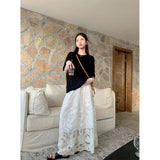 Ebbgo  Elegant Skirts Women Lace Patchwork Spring Fashion French Style Stretch High Waist Sweet Hollow Out Long Skirt Female Casual