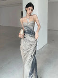 Ebbgo  -  Tie Dye Luxury Designer Long Halter Dresses For Women Summer Backless Ruched A-Line Maxi Dress Fashion Clothing