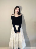 Ebbgo  -  New Spring Elegant Two Piece Set Women Black Short Tops + Cake Skirt Lace Patchwork Ruffles Long Skirts Suits