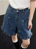 Ebbgo  Korean Shorts Women Denim Basic Wide Leg Solid Pockets Ruffles Summer Thin Loose Soft Vintage Shorts