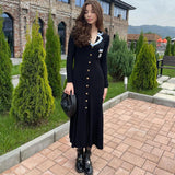 Ebbgo  -  Contrast Knitted Dress Women Elegant Embroidery Lapel Long Sleeve Midi Dresses Autumn Winter Casual Single Breasted Vestido