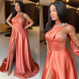 Ebbgo  -  Coral Pink Prom Dress Beads One Shoulder Evening dresses Pleats Slit Formal Long Special Occasion Party Gown