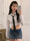 Ebbgo  Y2k Aesthetic Slim Waist Tunic Crop Top Women White Long Sleeve Blouse Turn Down Collar Solid All Match Necktie Patchwork Shirt