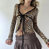 Ebbgo  Sexy Leopard Print Long Sleeve Cardigans V-neck Lace Patchwork Shirts Vintage Brown Slim -fit Tops Streetwear T-Shirts For Women