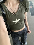 Ebbgo  2024 Summer New Vintage Green V-neck T-shirts Sexy Crop Top Slim Fit Tops Women Y2k Grunge Hoodie Short Sleeve Tee Shirt