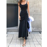 Ebbgo  Black Women Pleated Suspender Dress 2024 Summer Slit Slim Sleeveless Dress Fashionable And Sexy Backless Solid Color Long Skirt