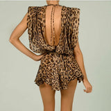 Ebbgo  -  Leopard Print Mini Dress Women Sexy Deep V-neck Backless Beach Dresses Summer Sleeveless Chiffon Holiday Party Dress New