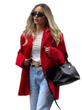 Ebbgo  -  Women's Red Suit Temperament Shoulder Pads Loose Coat Collar Pocket Casual Cardigan Fashion Office Ladies Suit Jacket