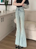 Ebbgo  -  Sweet Hot Girl Patchwork Ruffled Denim Jeans Women's Spring Washed High Waisted Flared Floor Mop Pants Fashion Female Clothes