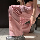 Ebbgo  American casual pants women's summer straight trousers mopping floor wide leg drawstring Cargo pants high waist slim trousers