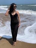 Ebbgo  Black Mesh See-through Dress For Women Summer Sleeveless V Neck Cover-up Bodycon Vestidos Female Elegant Holiday Beachwear