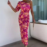 Ebbgo  -  Spring Floral Print Back Split Long Dress Women Sexy One-shoulder Puff Sleeve Party Dress Summer Backless Hollow Maxi Dress