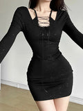 Ebbgo  Fake Two Pieces Patchwork Streetwear Dresses Slim Waist Tunic Women Y2k Aesthetic Bandage Dress Black Grunge Vestido De Mujer