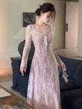 Ebbgo  France Romantic Lace Patchwork Dress Women's Solid Lace Up A-line Party Prom Vestidos Summer Casual Sweet Korean Clothes