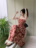 Ebbgo  Vintage Rose Print Belted Maxi Dress Women's Summer 2023 New Design Sense Waist Cinching Fashion Spaghetti Strap Dress