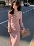 Ebbgo  Elegant Solid Knitted Dress Women Long Sleeve Square High Slit Design Autumn Winter Base Midi Dresses Korean Fashion Vestidos