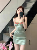 Ebbgo  -  Summer New Sexy Spicy Girl Green Flower Embroidered Hanging Strap Dress Satin Waist Waist Slimming A-line Skirt