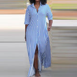 Ebbgo  -  Office Elegant Striped Shirt Dress Women's Turn-down Collar Half Sleeve Loose Dress Casual Single Breasted Split Long Dress