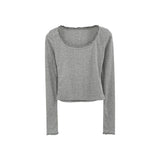 Ebbgo  -  Lace Splicing Round Neck Long Sleeve T-shirt Women Slimming Base Tees Solid Color Temperament Crop Tops