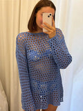 Ebbgo  -  Knitted See Through Mini Summer Dress Women Loose O-neck Long Sleeve Oversized Holiday Short Dresses New Lady Beachwear