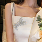 Ebbgo  Celebrity Temperament Bead Rhinestone Sling Dress Women Fashion Square Neck Collarbone Bow Slit Solid Slim Summer Banquet Wear