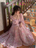 Ebbgo  -  French Vintage Long Sleeve Dress Woman Fairy Elegant Floral Midi Dress Evening Party One Piece Korean Summer Chiffon Beach