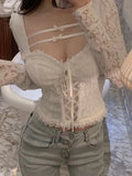 Ebbgo  -   Spring Sexy Bodycon White Blouse Women Slim Korean Fashion Y2k Crop Tops Basic Casual Vintage Lace Pullover Long Sleeve