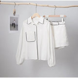 Ebbgo  -  Summer Patchwork Linen Shorts Sets Two Pieces Women Sleepwear Lantern Sleeve Casual Loose Shirts High Waist Shorts Home Suits