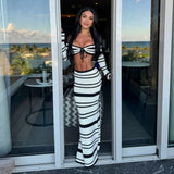 Ebbgo  -  Summer Knitted Beach Skirt Sets Women Sexy Backless Slim Bohemian Outfits Fashion Striped Holiday Two Piece Matching Set