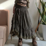 Ebbgo  Casual Loose drawstring lace patchwork A-line skirt for Summer women 2 Skirts 2024 New Elastic Waist High Waist Skirts Woman