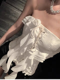 Ebbgo  -  France Streetwear Lace -up Bandage Corset Bodycone Off Shoulder Chic Aesthetic Y2K Crop Top Women Korean Summer Bustiers Camis