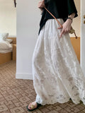 Ebbgo  Korean style Vintage Lace A-line Dress Temperament High-waisted Skirt Elegant Embroidery Loose Skirts Woman Fashion Skirts