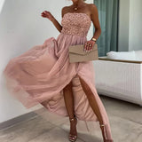 Ebbgo  -  Elegant Off Shoulder Split Solid Long Dress Lady Sexy Lightweight Tulle Texture Slim Evening Dress Fashion Patchwork Party Dress