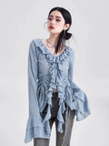 Ebbgo  -  Autumn Women Korean Fashion Design Flare Sleeve Chiffon Shirt Ruffle V Neck Blouse Top Set Aesthetic Clothes