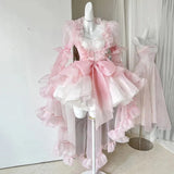 Ebbgo  Kawaii Ruffle Puffy Women 3-piece Set Dress Underskirt Shawl Shrug Princess Pink Mini Evening High Low Dress Lolita Tutu Train