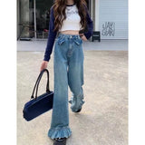 Ebbgo  Vintage Chic Loose Blue Denim Pants Women 2024 Spring New High Waist Flare  Y2k Grunge Ruffles Wide Leg  Mujer