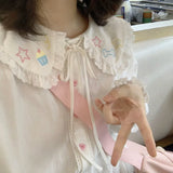 Ebbgo  -  Sweet Kawaii Peter Pan Collar Lace Shirts Women Spring New Long Sleeve White Blouses All-match Star Print Bottoming Tops