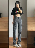 Ebbgo  High Waist Shot Gray Trousers Cargo Straight Leg Pants for Woman with Pockets Women's Jeans A Summer Emo Loosefit Grunge Y2k R Z