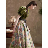 Ebbgo  -  Dinner dresses gala Ball gown green silk puff sleeve princess gown flower Banquet Evening Retro rope H889