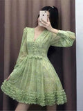 Ebbgo  -  Summer Women Vintage Chiffon Floral Print Lantern Sleeve Mini Dress Elegant Female Ruffles Beach Party Dresses Vestidos