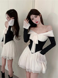 Ebbgo  -  Elegant Off Shoulder Pleated Mini Dress Autumn Women Patchwork Bow Long Flare Sleeve Slim Waist Vestidos Casual Chic Party Robe