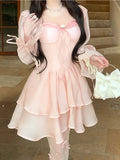 Ebbgo  -  Lolita Sweet Y2k Mini Dress Woman Pink Kawaii Long Sleeve Dress Party Summer Elegant One Piece Dress Korean Fashion Chic