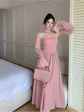 Ebbgo  Temperament Princess Evening Party Dresses Women Slash Neck Long Sleeve High Waist Folds Elegant Dress Female Fashion  New