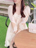 Ebbgo  Fairy French Elegant Solid Mini Dress Party Women Office Casual Ruffle Dress Hollow Out Sleeve One Piece Dress Korea Summer