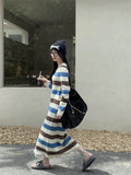 Ebbgo  -  French Slim Striped Knitted Dress For Women Korean Chic Autumn Long Sleeved Split Midi Dresses New