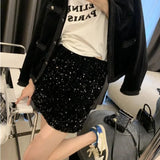 Ebbgo  Black Mini Sequin Skirt Women Korean Fashion Sexy Elastic Waist Slim A-line Short Skirt with paillettes Casual Autumn